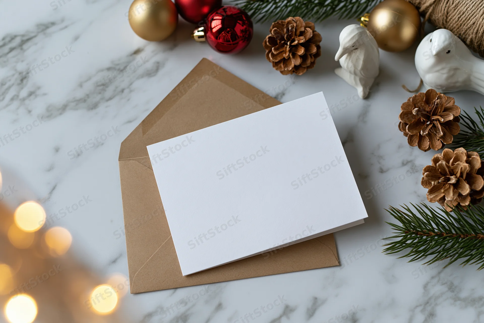 Blank white greeting card on kraft envelope surrounded by christmas ornaments and pinecones on marble surface