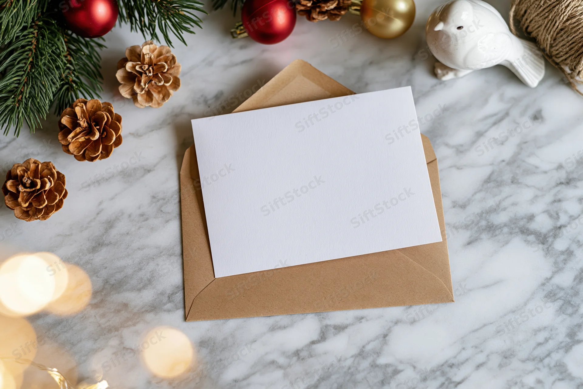 Blank white greeting card on kraft envelope with christmas decorations on marble surface