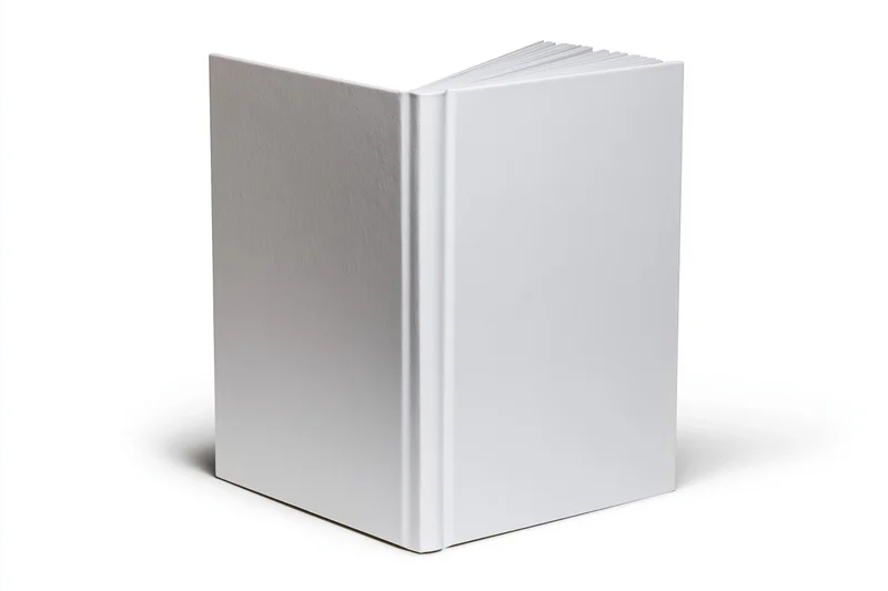 Blank white hardcover book standing upright on a plain white surface