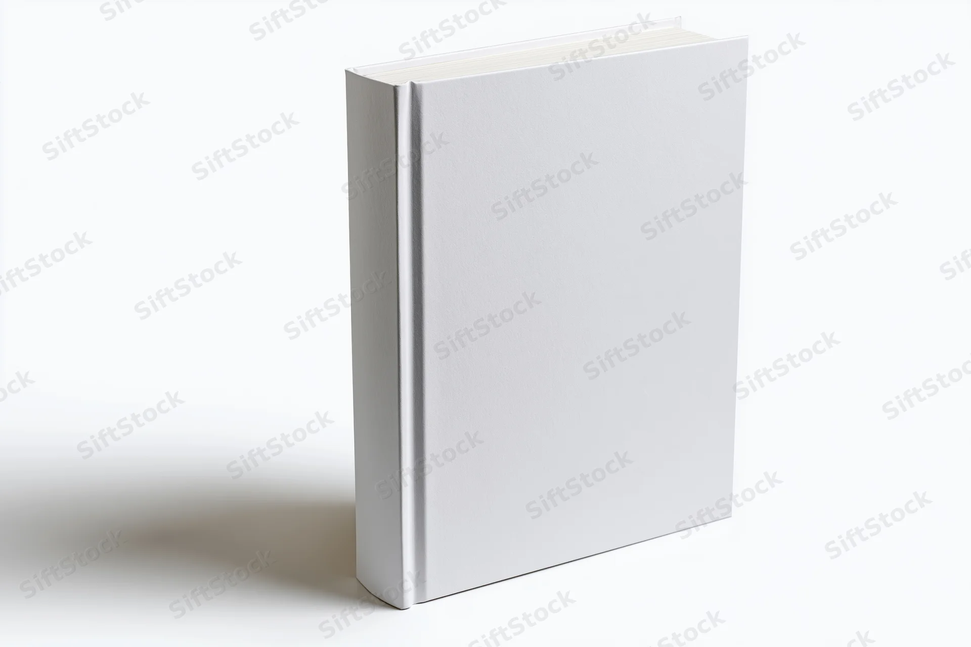 Blank white hardcover book standing upright on a plain white surface