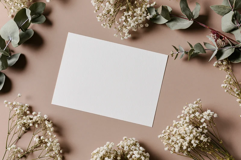 Blank white card on warm taupe surface surrounded by eucalyptus and baby's breath flowers in flat lay arrangement