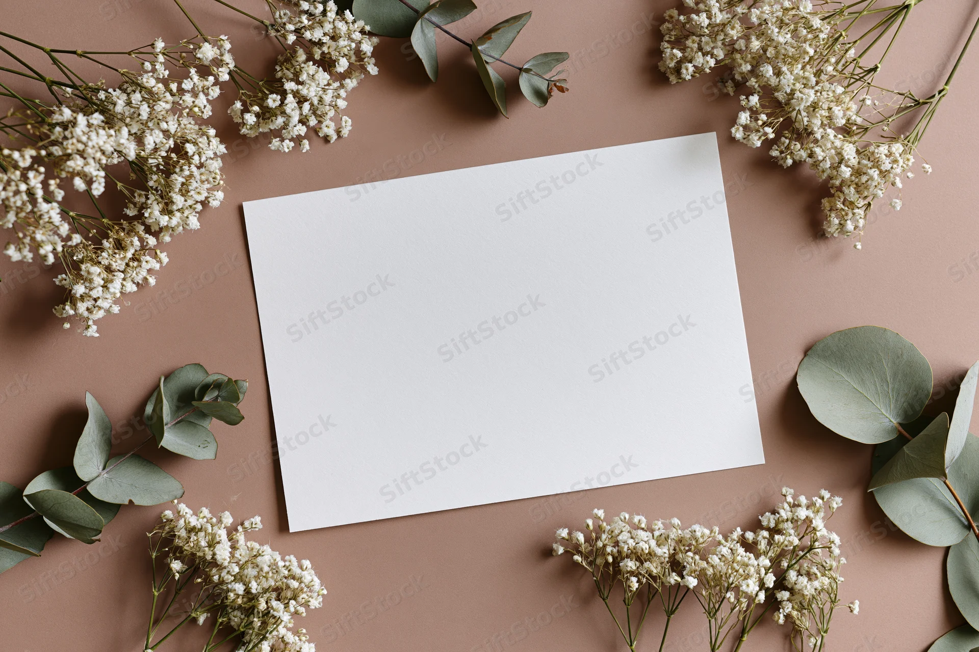 Blank white card on warm taupe surface surrounded by baby's breath and eucalyptus leaves in flat lay arrangement
