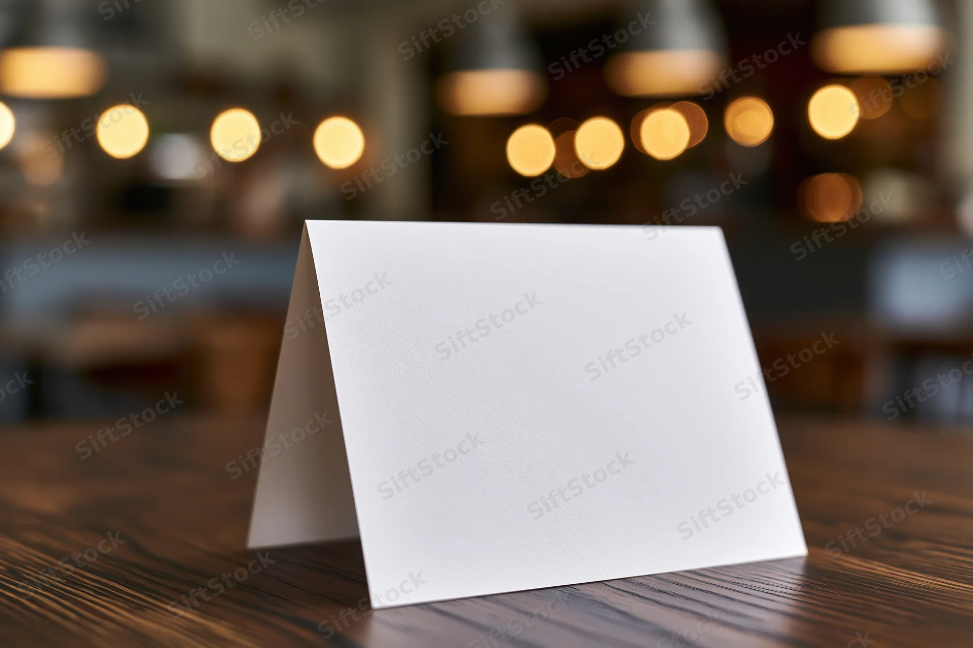 Blank white tent card standing on wooden table in restaurant interior