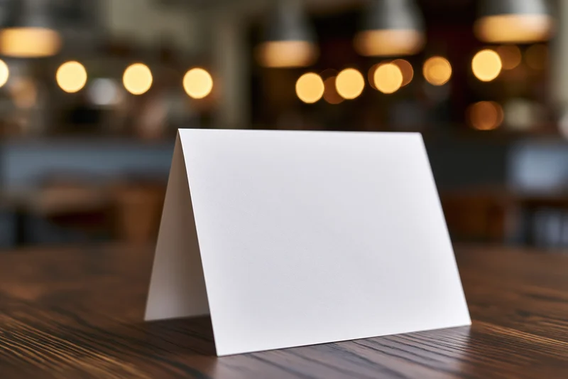 Blank white tent card standing on wooden table in restaurant interior