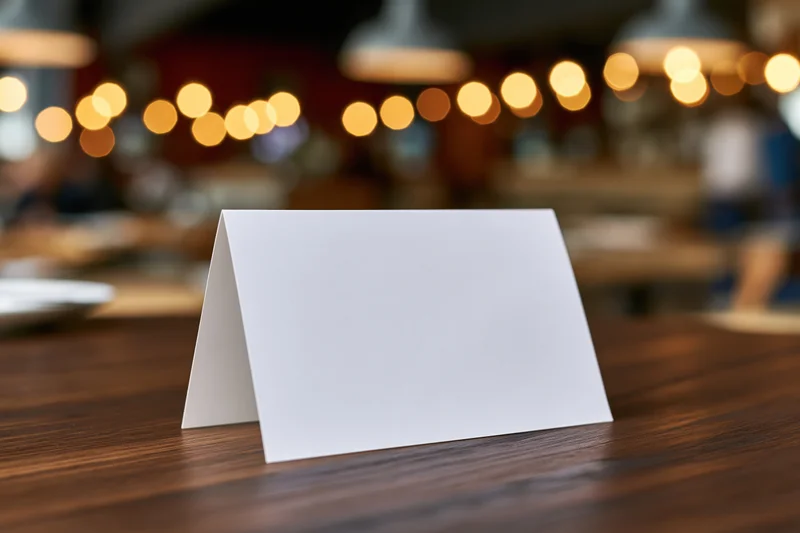 Blank white tent card standing on wooden table in restaurant dining area