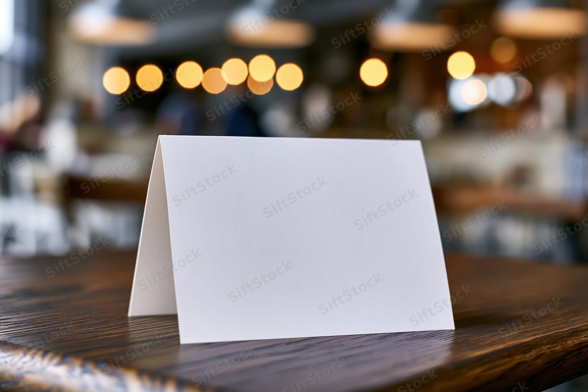 Blank white tent card standing upright on a dark wooden table in a restaurant interior