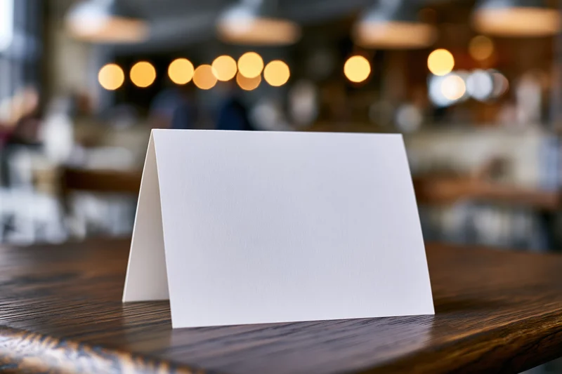 Blank white tent card standing upright on a dark wooden table in a restaurant interior