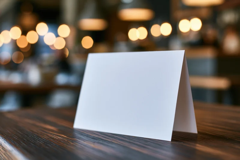Blank white tent card standing on wooden table in restaurant interior