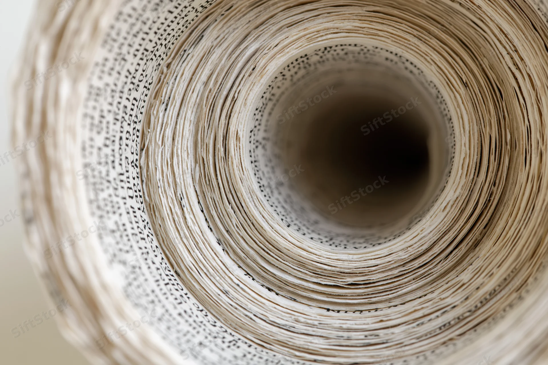 Tightly rolled book pages forming a spiral tunnel with printed text visible along the edges