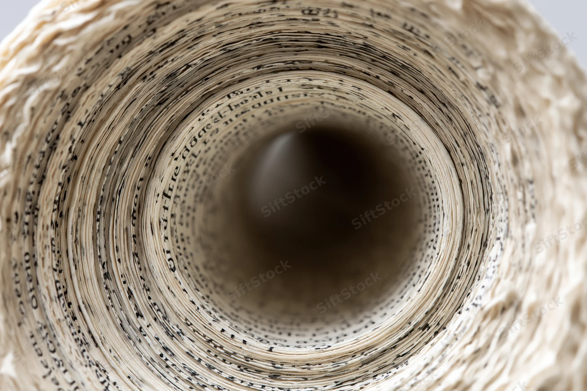 Tightly rolled book pages forming a spiral tunnel with printed text visible along the inner surface