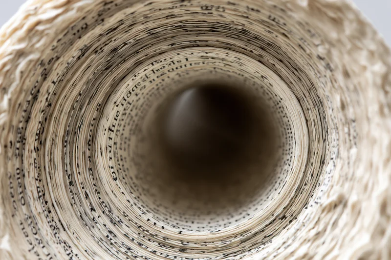Tightly rolled book pages forming a spiral tunnel with printed text visible along the inner surface