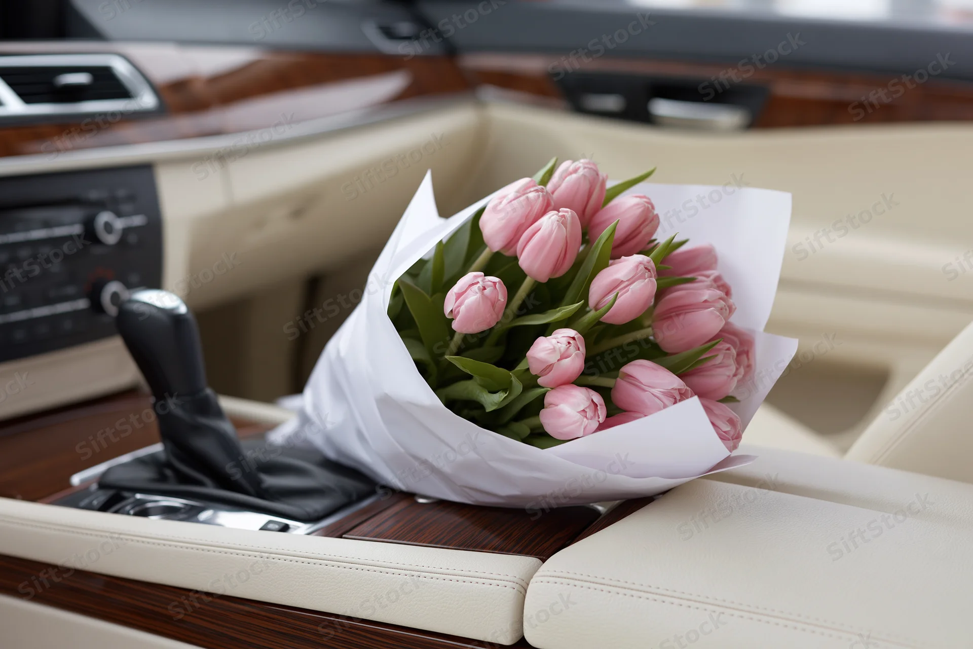 Bouquet of pink tulips wrapped in white paper resting on car center console