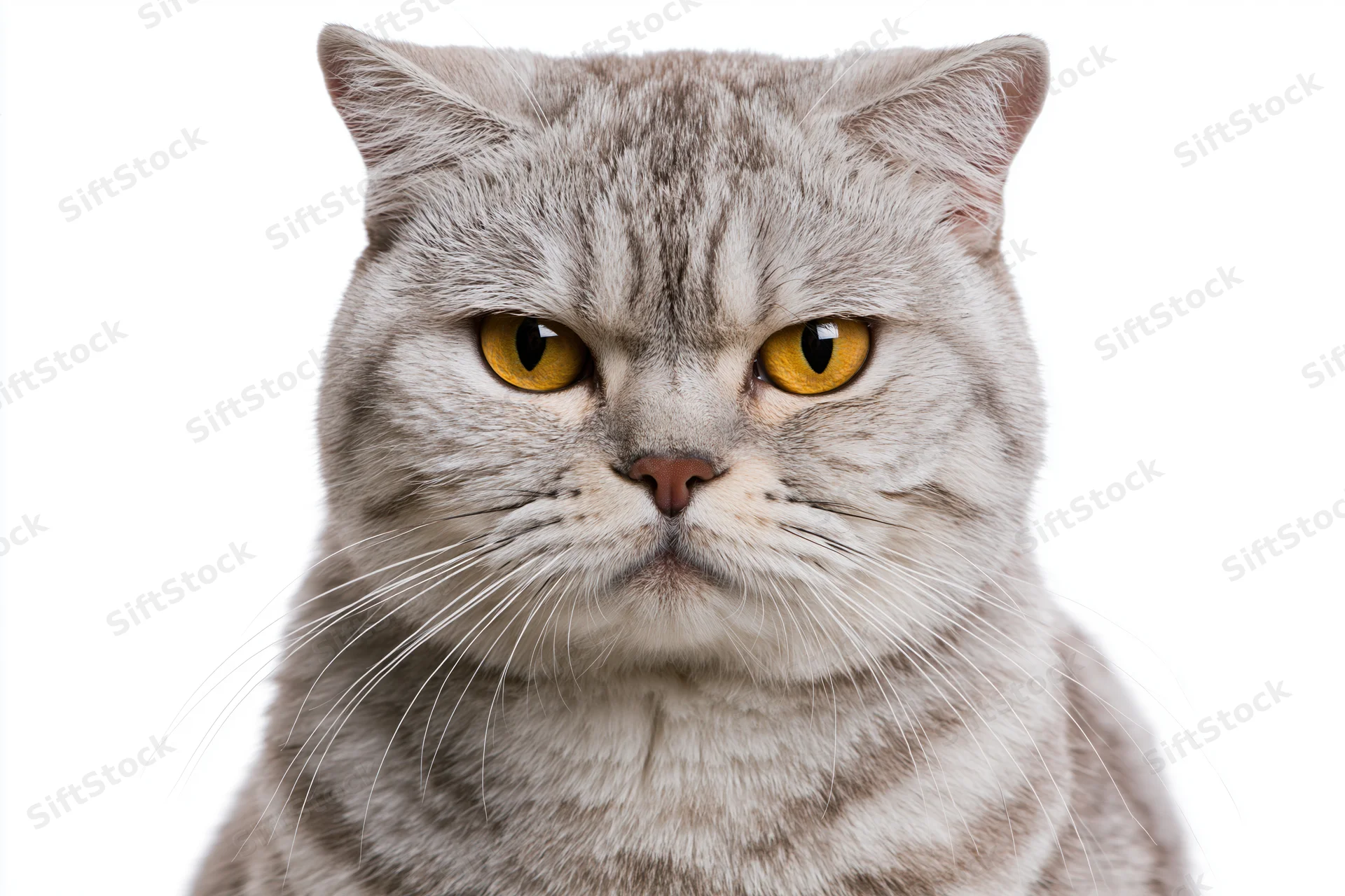 Britishshorthair cat facing camera in studio portrait on white background