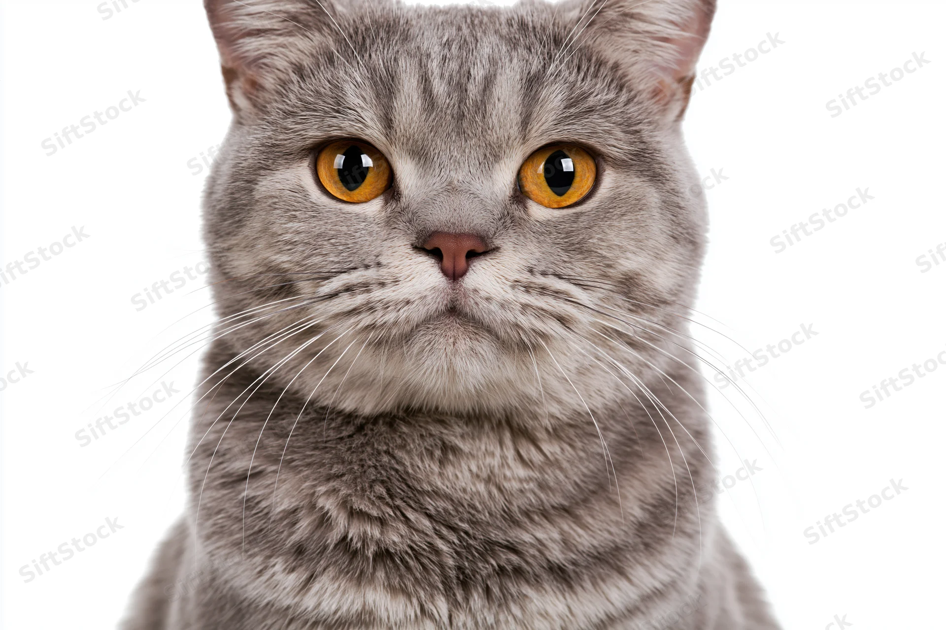 Gray british shorthair cat facing camera in studio portrait with white background