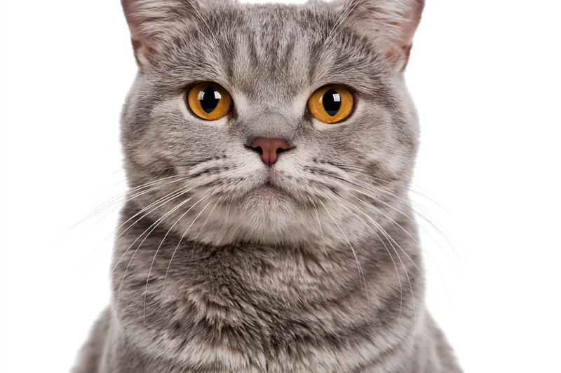 Gray british shorthair cat facing camera in studio portrait with white background