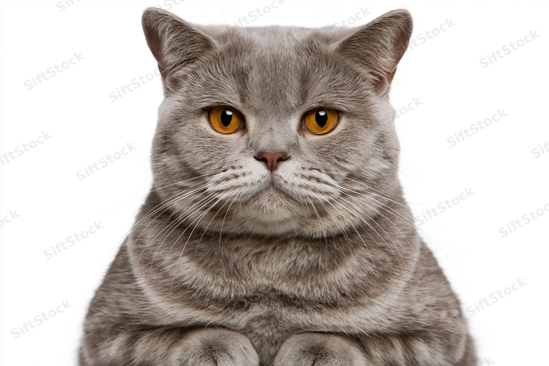 Britishshorthair cat sitting upright facing camera in studio portrait against white background