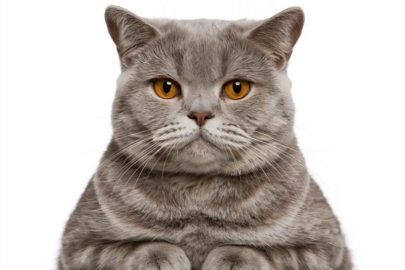 Britishshorthair cat sitting upright facing camera in studio portrait against white background