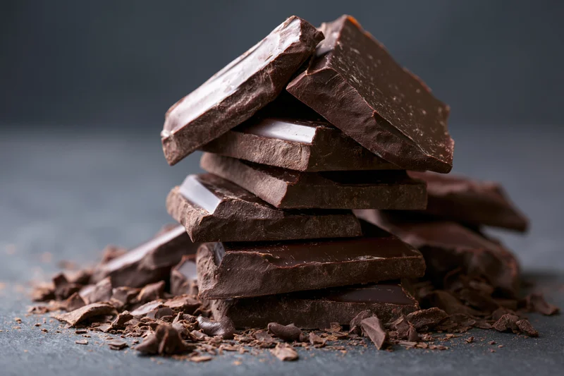 Broken dark chocolate chunks stacked in a rough pile on a dark stone surface