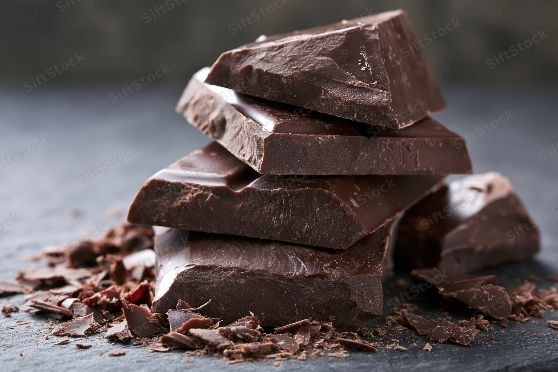 Broken dark chocolate chunks stacked in a rough pile on a slate surface with scattered crumbs