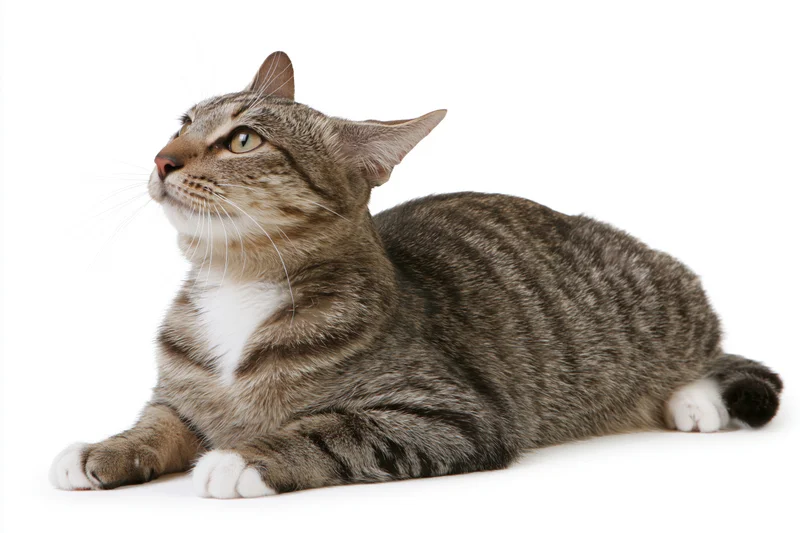 Brown tabby cat lying down with paws extended forward and head turned upward on white background