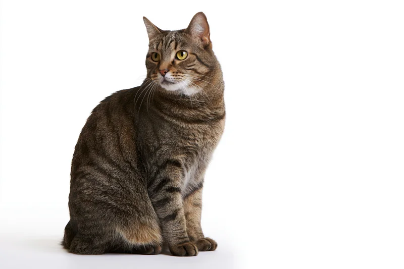 Brown tabby cat sitting upright and alert facing slightly left on white background