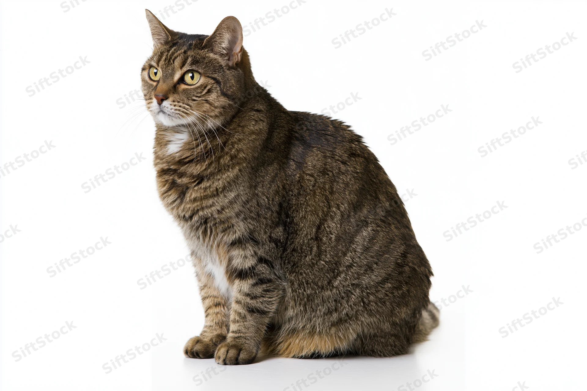 Brown tabby cat sitting alert on white background