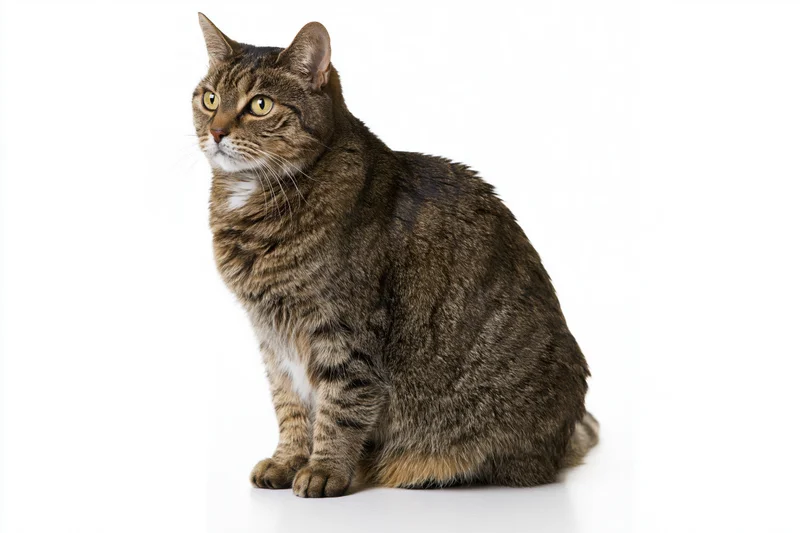 Brown tabby cat sitting alert on white background