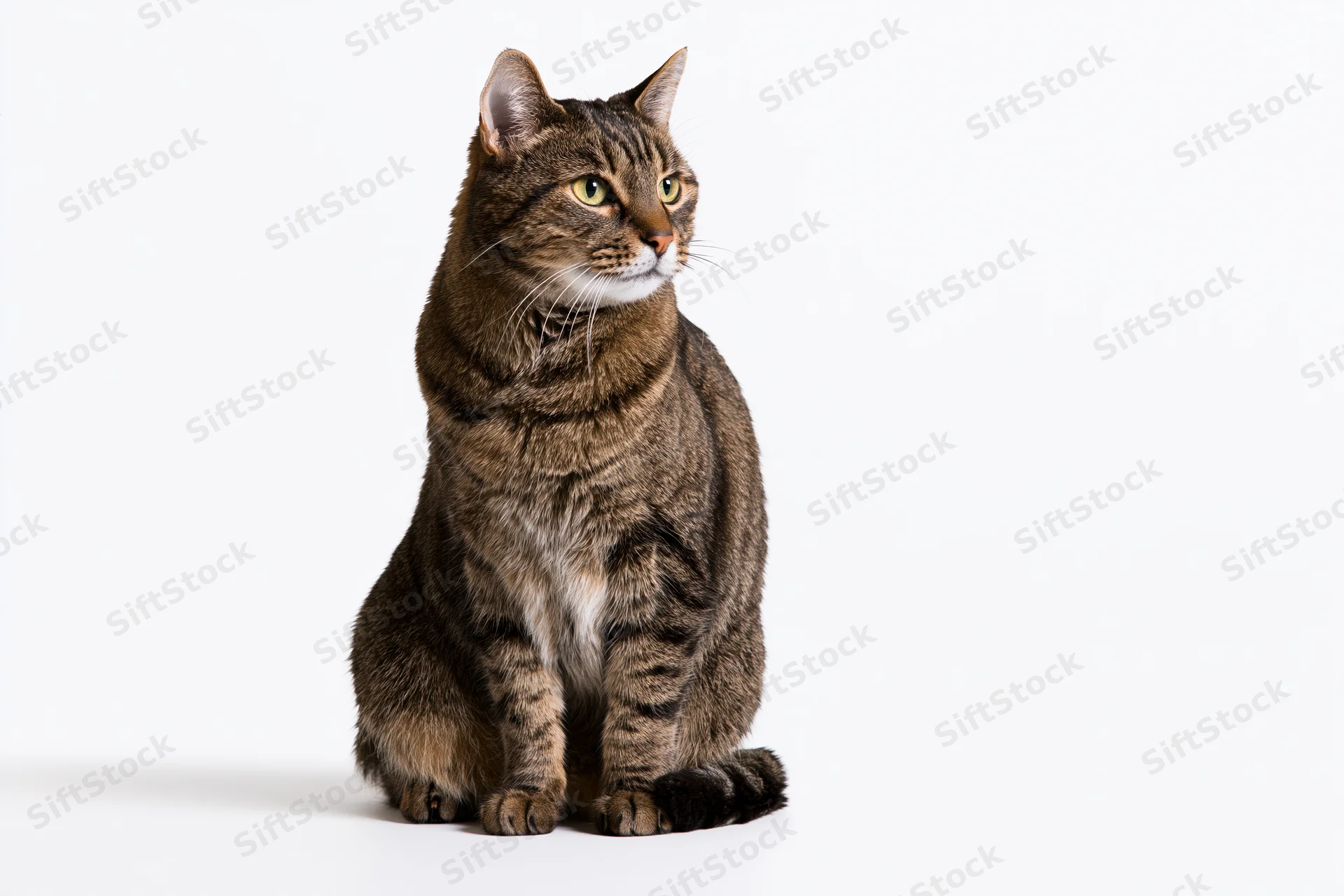 Brown tabby cat sitting upright and alert on white background