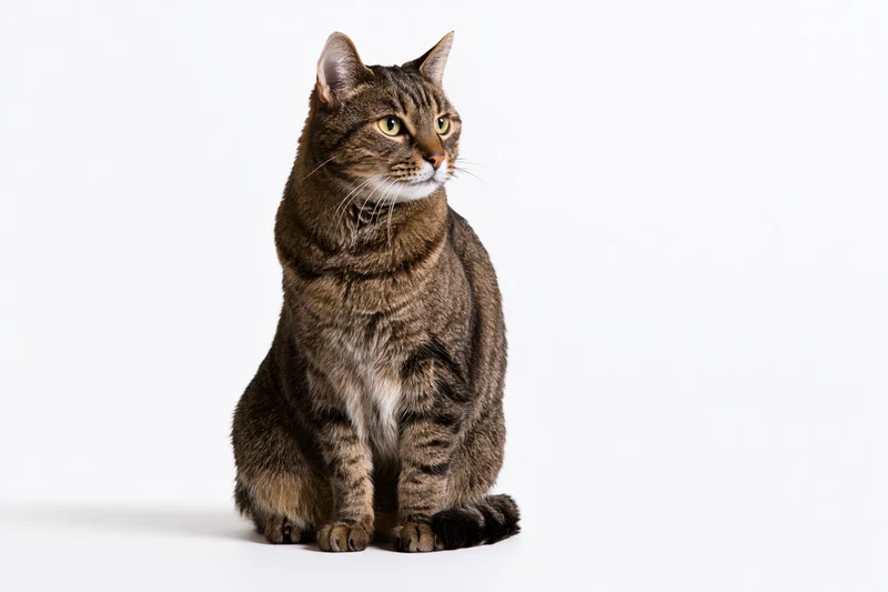 Brown tabby cat sitting upright and alert on white background