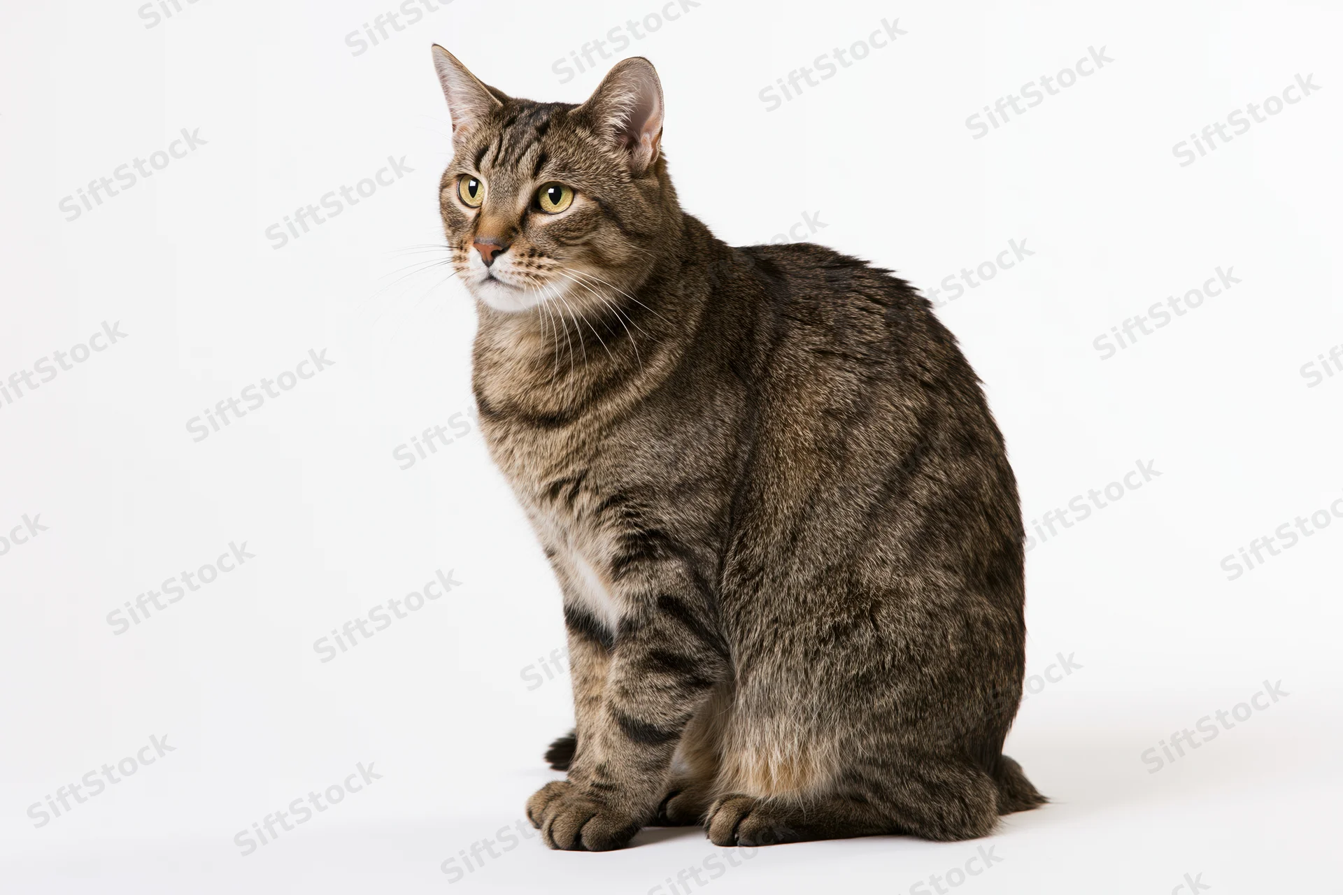 Brown tabby cat sitting upright and alert facing slightly left on white background
