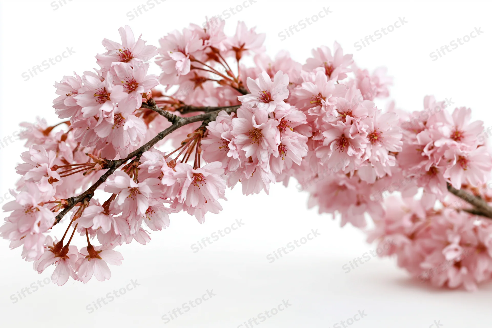 Cherry blossom branch with dense pink blooms arching across white background