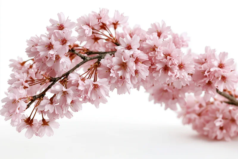 Cherry blossom branch with dense pink blooms arching across white background