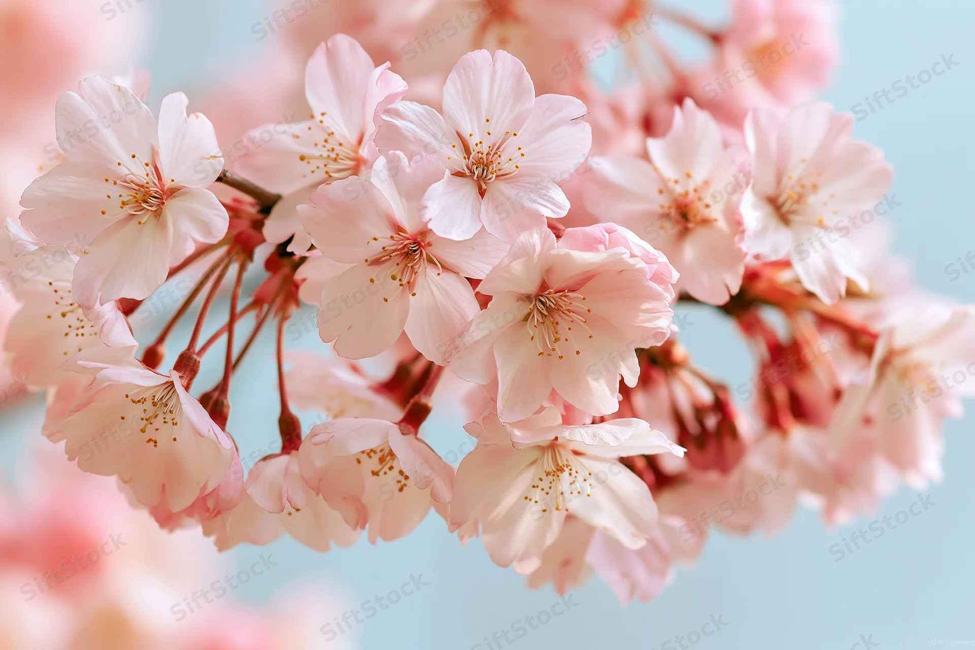 Cherry blossom cluster in full bloom on a thin branch against a soft blue background