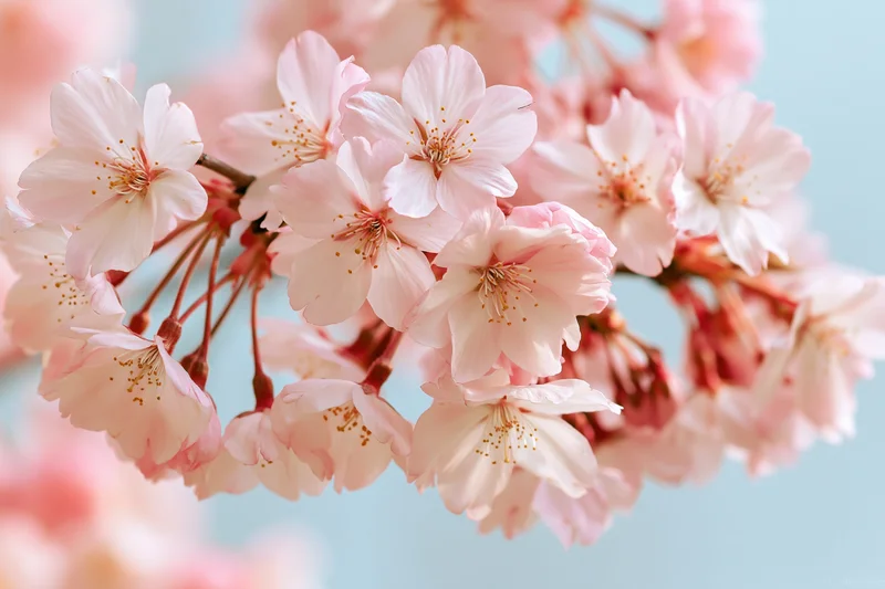 Cherry blossom cluster in full bloom on a thin branch against a soft blue background