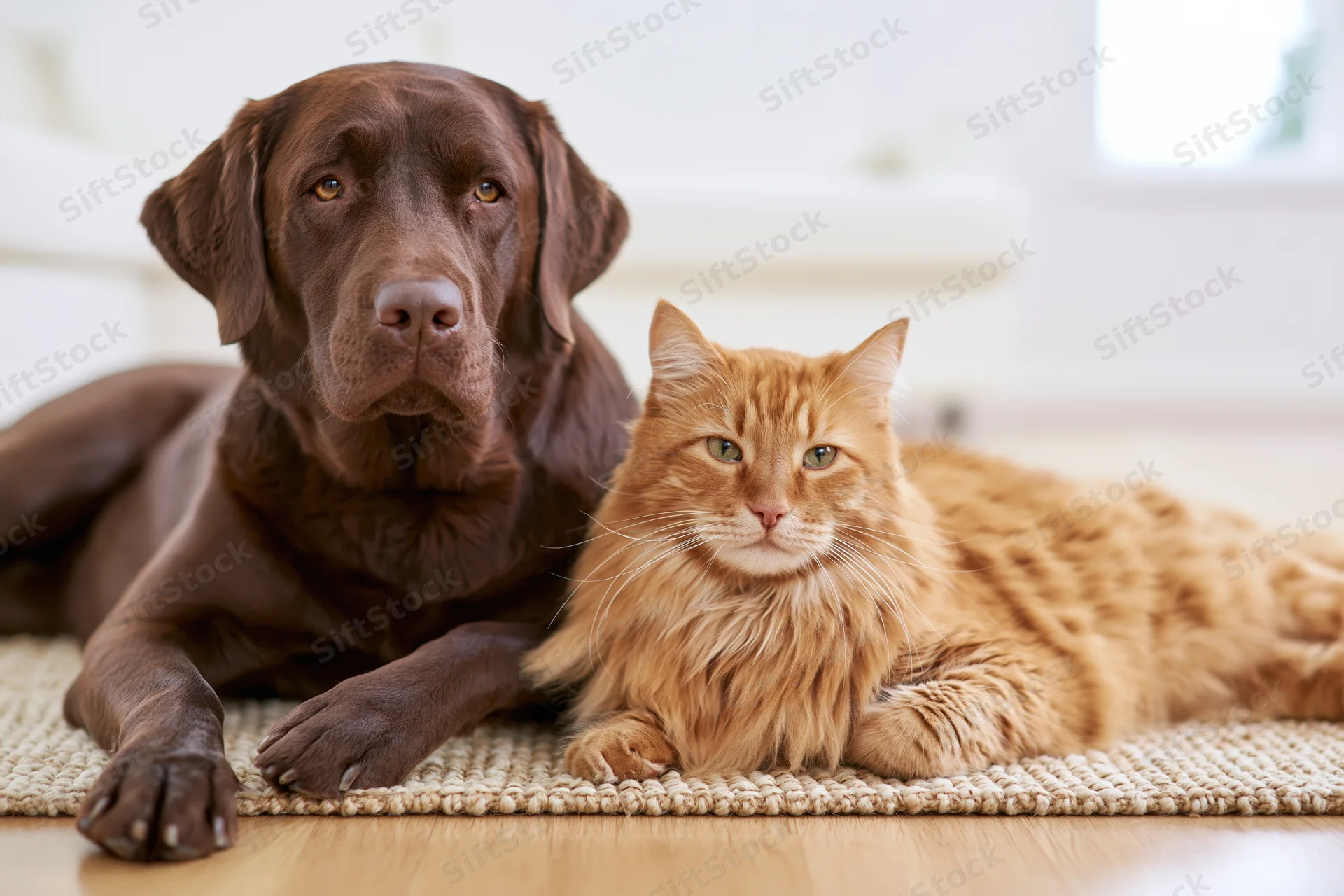 Chocolate labrador retriever and ginger tabby cat lying together on light rug in home interior