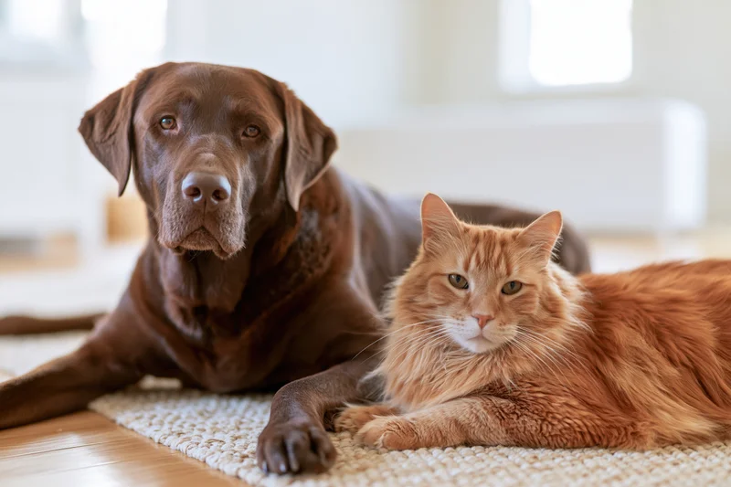 Chocolate labrador retriever and ginger cat lying together on a light rug in a bright home interior
