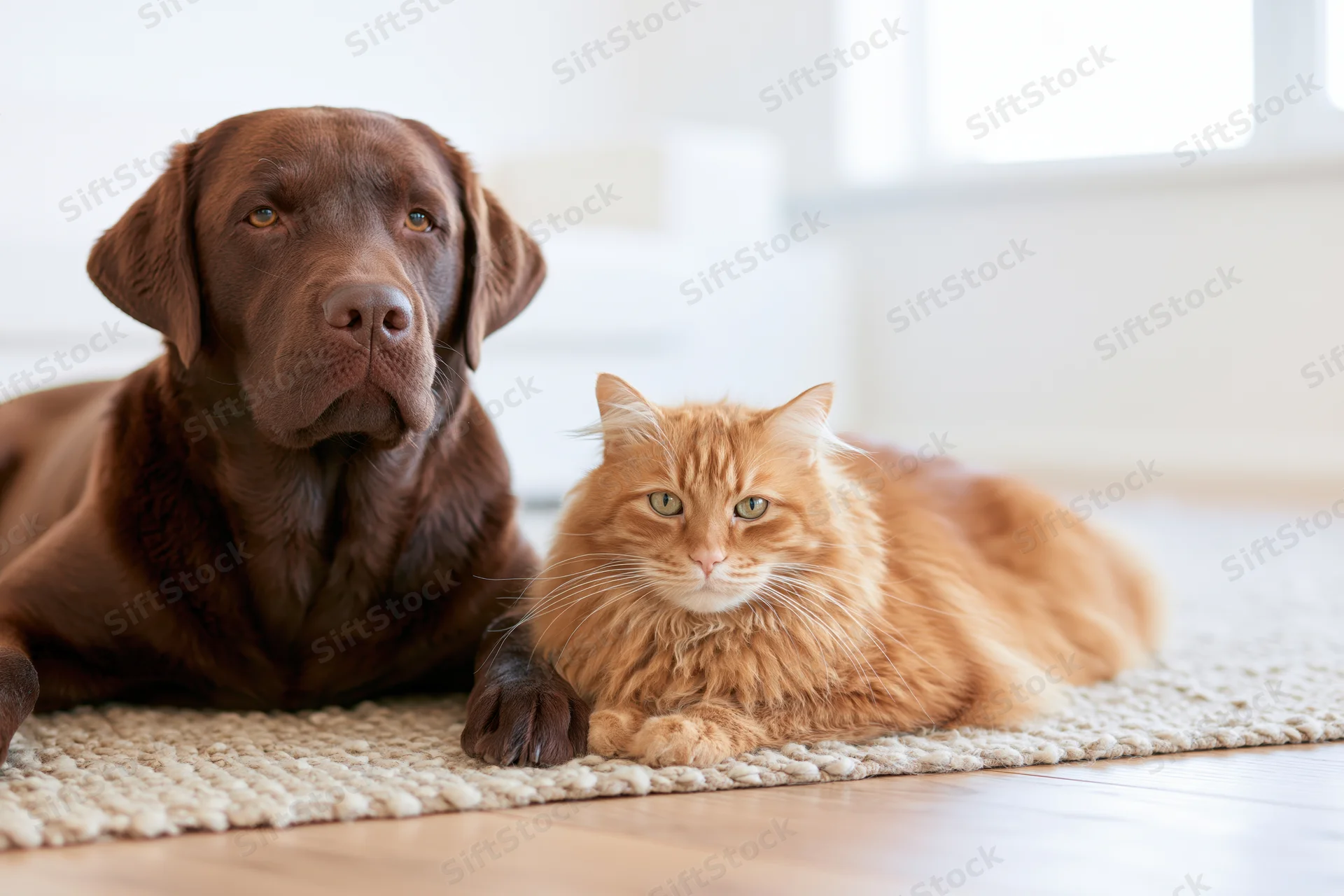 Chocolate labrador retriever and ginger cat lying together on light rug in home interior