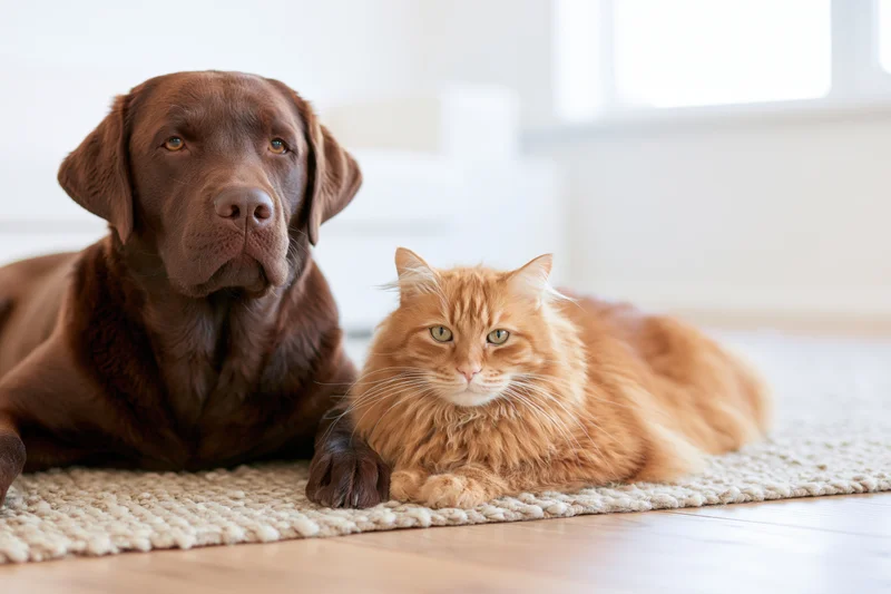 Chocolate labrador retriever and ginger cat lying together on light rug in home interior