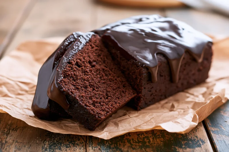 Chocolate loaf cake covered in glossy dark chocolate ganache