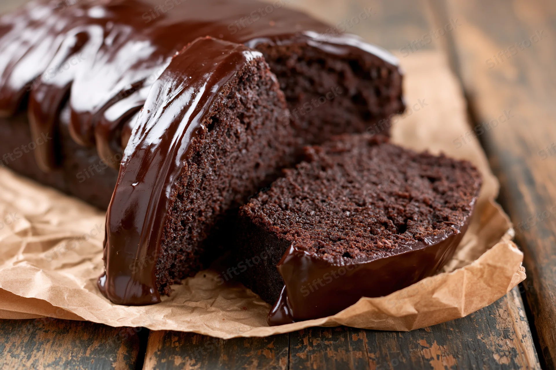 Chocolate loaf cake covered in glossy dark chocolate ganache
