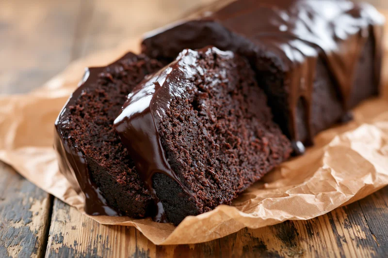 Chocolate loaf cake with glossy dark chocolate ganache on parchment paper on wooden surface