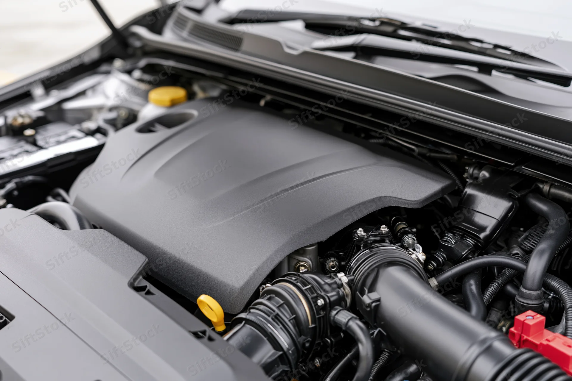 Close-up view of a modern car engine bay with hood open showing mechanical components and fluid reservoirs