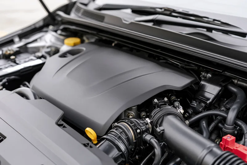 Close-up view of a modern car engine bay with hood open showing mechanical components and fluid reservoirs