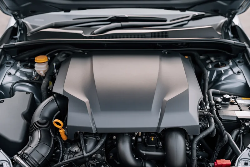 Close-up view of a modern car engine bay with open hood showing components and mechanical parts