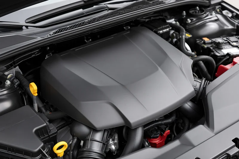 Close-up view of a clean modern car engine bay with visible components and engine cover