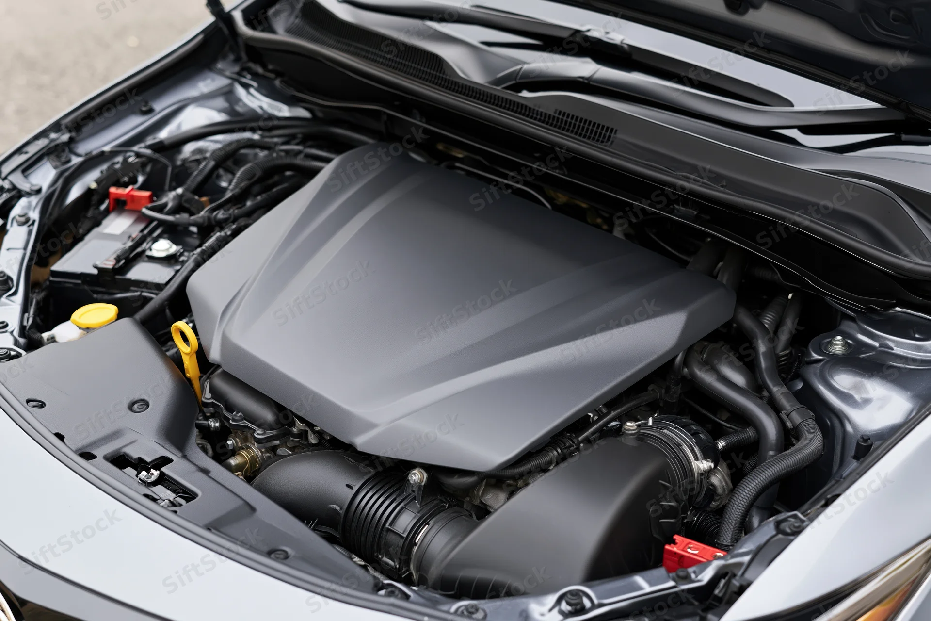 Close-up view of a clean modern car engine bay with hood open showing engine components and fluid caps
