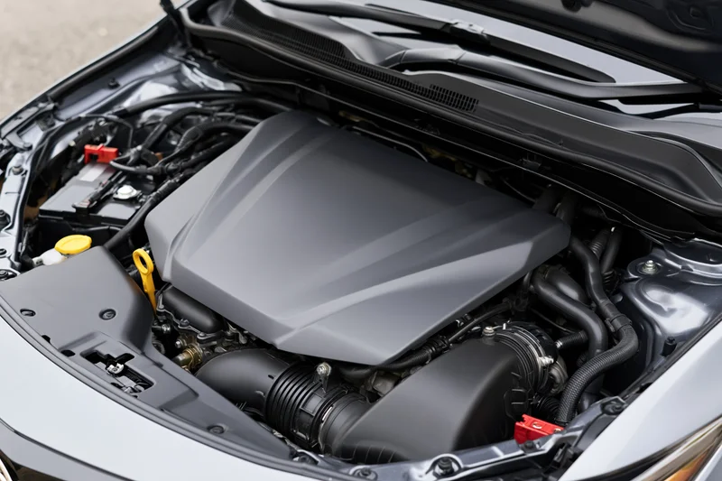 Close-up view of a clean modern car engine bay with hood open showing engine components and fluid caps