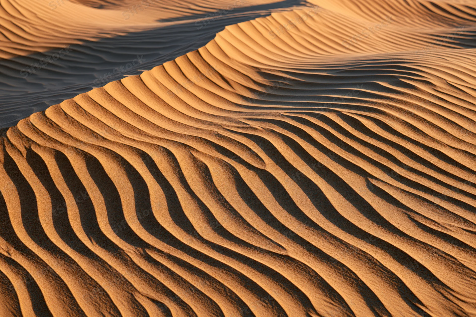 Wind-rippled sand dunes forming undulating patterns in a desert landscape