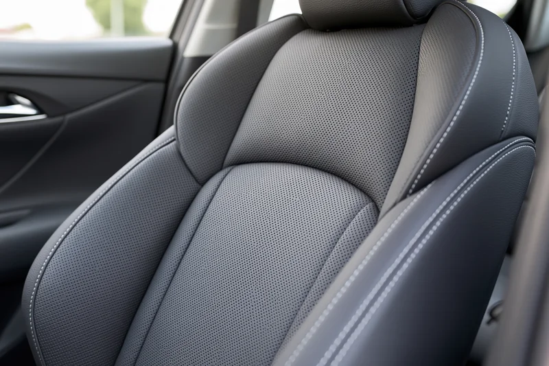 Close-up of a modern car's front passenger seat with gray perforated leather upholstery and white stitching inside the vehicle cabin
