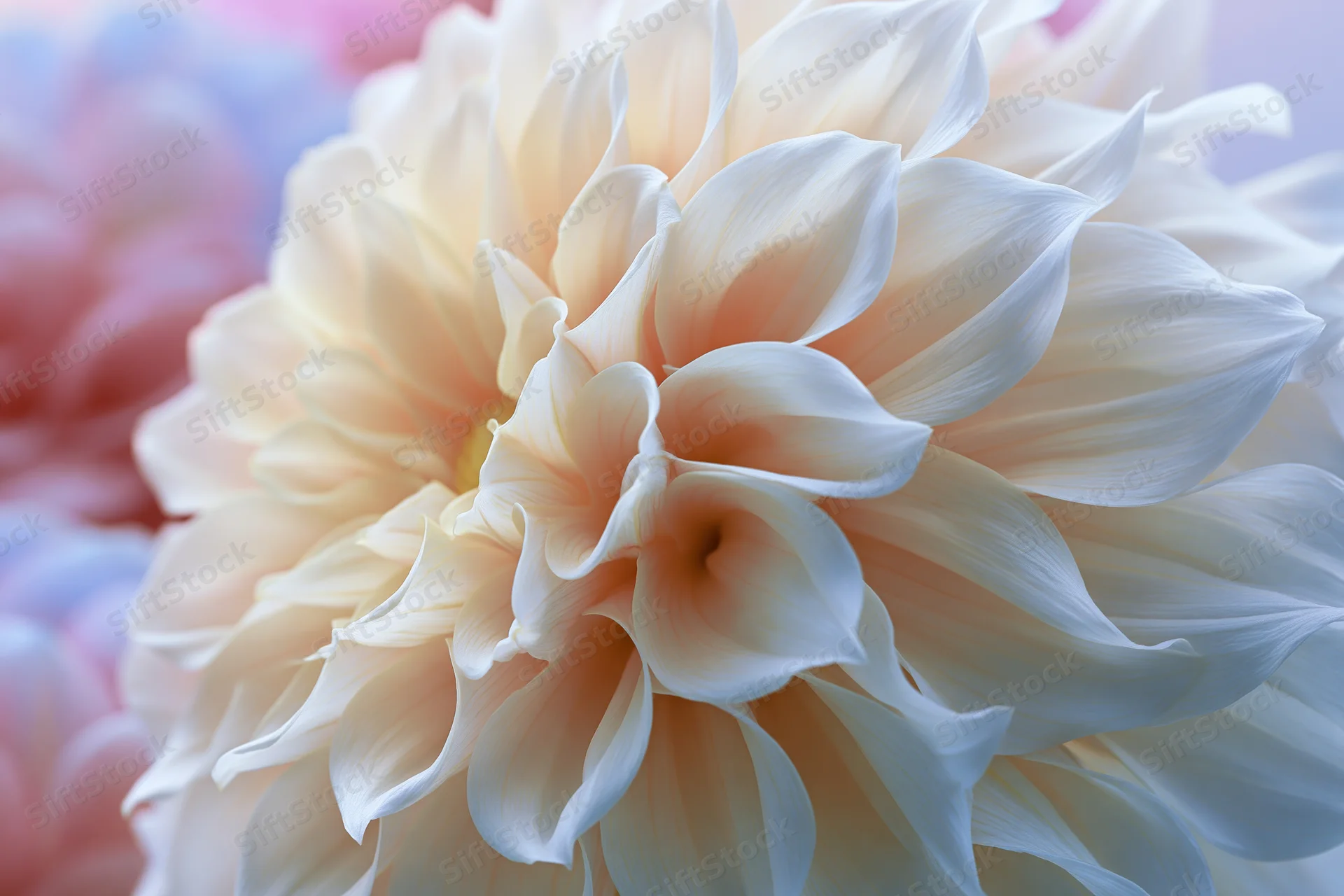 Close-up of a white and pale peach dahlia bloom with soft layered petals in a floral arrangement